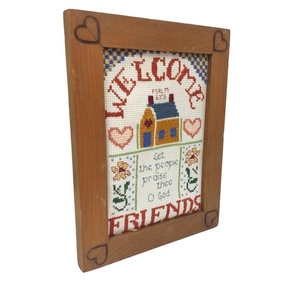 Welcome Praise Scripture Art Cross Stitch, Vintage Hand Crafted Heart Framed Wal - Picture 2 of 3